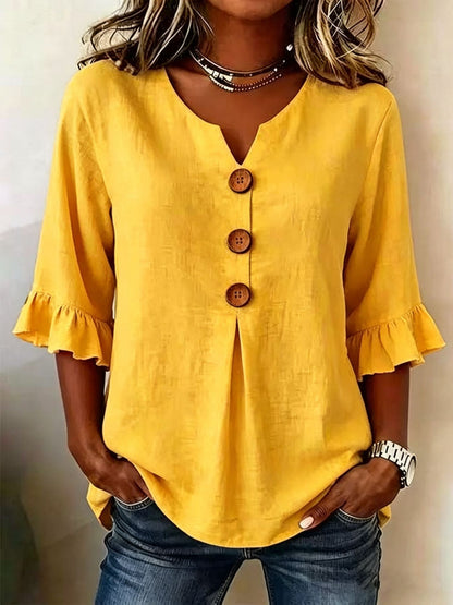 [S-3XL] Nueva camisa de mujer con cuello en V y volantes, mezcla de algodón y lino, con botones: sencilla y elegante.