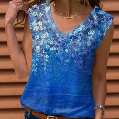 [S-5XL] Camiseta estampada de algodón puro para mujer - Chaleco de cuello en V a la moda