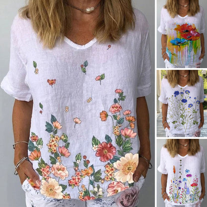 【S-5XL】🌈 Bavlnené a ľanové tričko s krátkym rukávom s kvetinovou potlačou💐  3706947