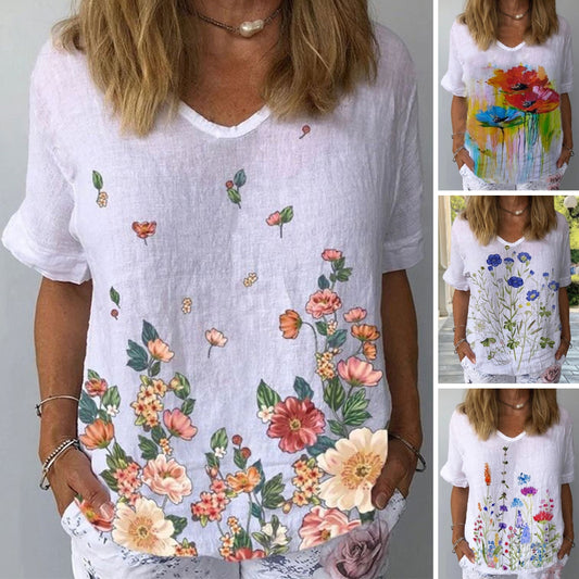 【S-5XL】🌈 Bavlnené a ľanové tričko s krátkym rukávom s kvetinovou potlačou💐  3706947