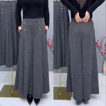 🤩【XL-4XL】 Παχύ και ζεστό μαλλί Culottes😚Wide ελαστικό φαρδύ παντελόνι με φαρδιά πόδια