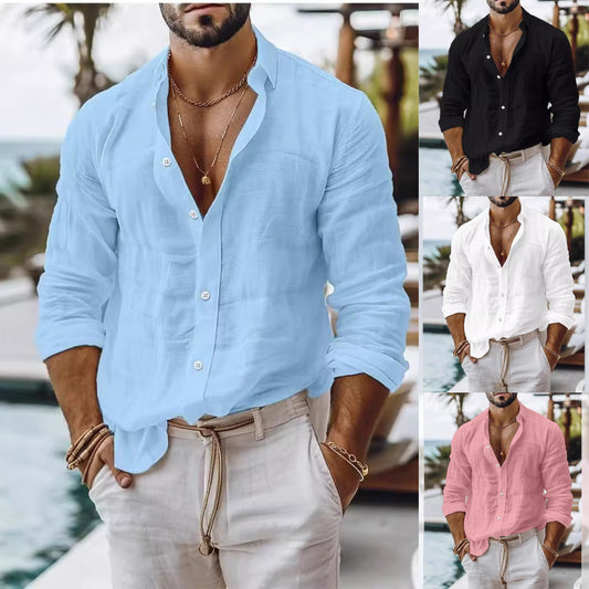 [S-5XL] Camisa informal de algodón y lino para hombre, estilo casual de negocios.