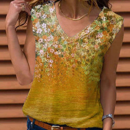 [S-5XL] Camiseta estampada de algodón puro para mujer - Chaleco de cuello en V a la moda