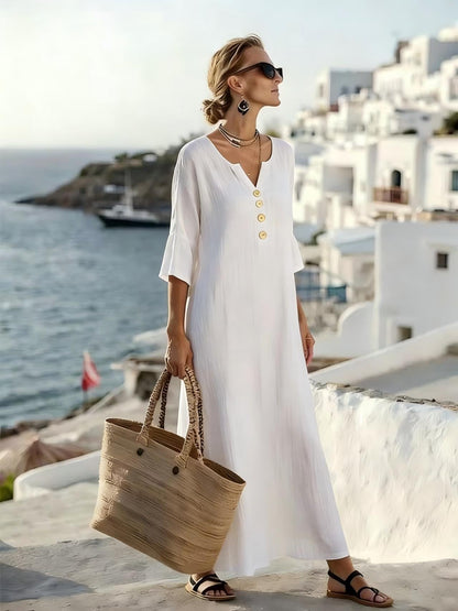 💗【S-3XL】👗Damska sukienka z bawełny i lnu, z bufiastymi rękawami i guzikami
