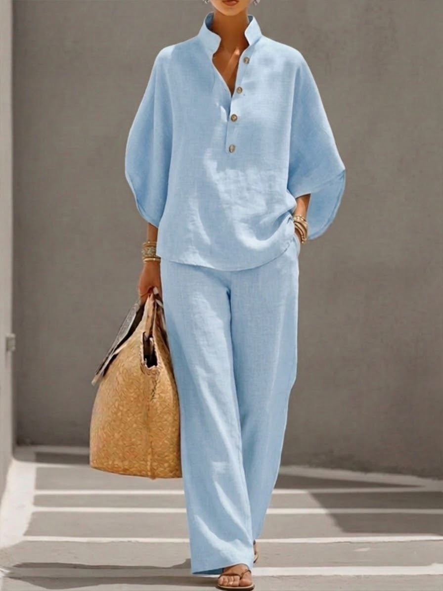 【S-5XL】 Nueva llegada a precio especial: Traje de lino con mangas murciélago y pantalón de pierna ancha