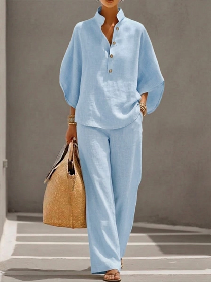 【S-5XL】 Nueva llegada a precio especial: Traje de lino con mangas murciélago y pantalón de pierna ancha