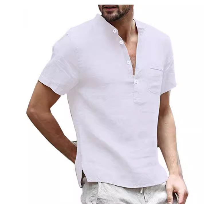 [50% de descuento] Nueva camisa de manga corta para hombre - Camisa de manga corta de algodón y lino con cuello en V