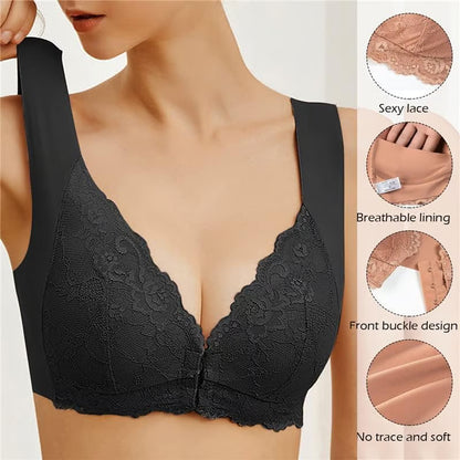 ✨【Kúpte 1 a získajte 2 zadarmo】【3 kusov】Veľká sexy podprsenka s predným zapínaním bez oceľového krúžku, krásna spodná bielizeň na chrbte