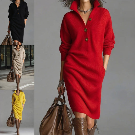 【S-3XL】Μοντέρνο πλεκτό φόρεμα με γιακά, νέα συλλογή 2025.