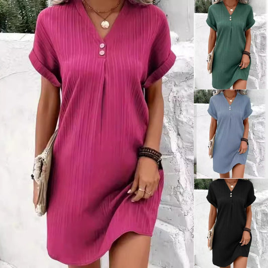 [50% de descuento] Nuevo vestido casual con cuello en V y botones, el más vendido - Color liso, sencillo y elegante