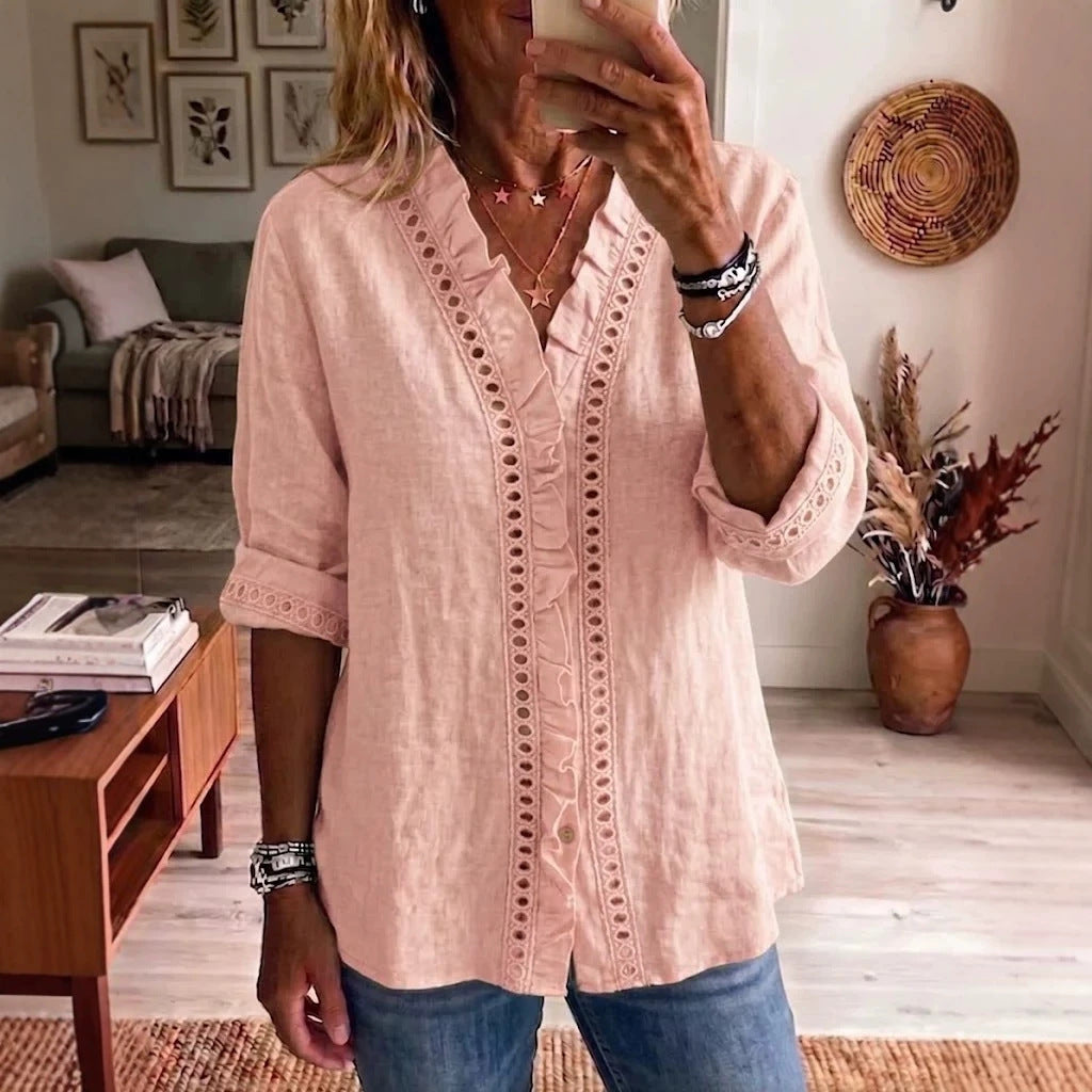 [S-2XL] Blusa de mujer con volantes - Estilo casual, corte holgado y manga larga