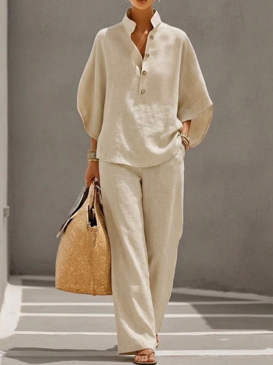 【S-5XL】 Nueva llegada a precio especial: Traje de lino con mangas murciélago y pantalón de pierna ancha
