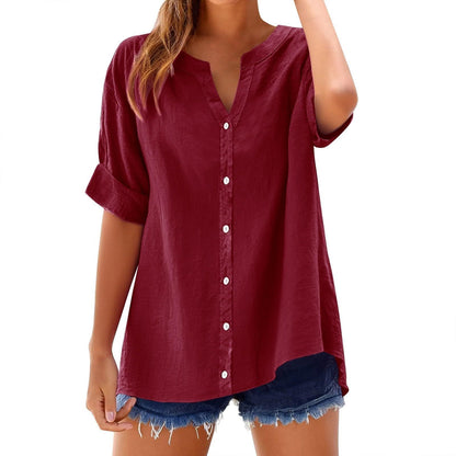 【S-2XL】Camisa de lino nueva 2026 - Camisa abotonada con cuello en V, corte holgado informal