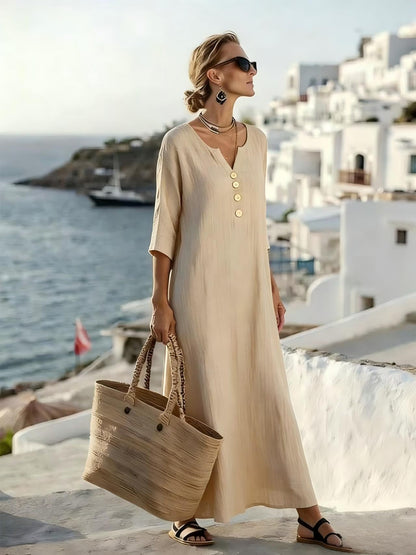 💗【S-3XL】👗Damska sukienka z bawełny i lnu, z bufiastymi rękawami i guzikami