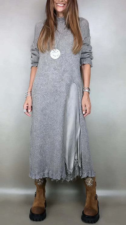 👗【XS–3XL】Nový dvojdielny čipkovaný komplet s rozparkom a pleteným pulóvrom – elegantný jesenný a zimný outfit