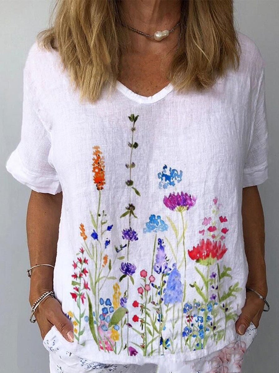 【S-5XL】🌈 Bavlnené a ľanové tričko s krátkym rukávom s kvetinovou potlačou💐  3706947