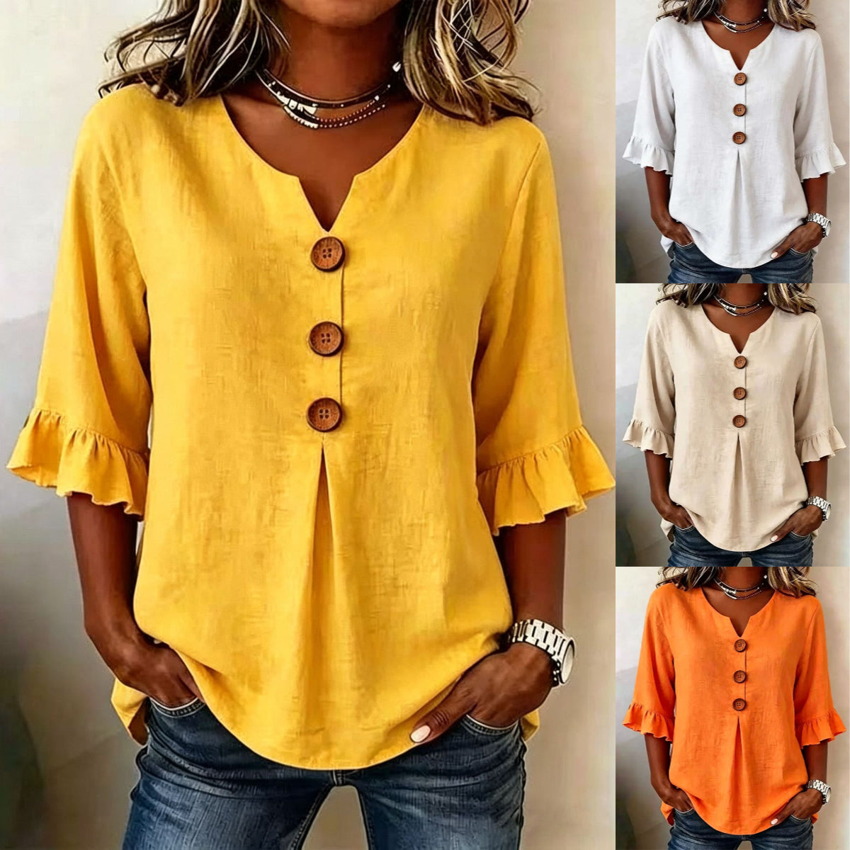 [S-3XL] Nueva camisa de mujer con cuello en V y volantes, mezcla de algodón y lino, con botones: sencilla y elegante.