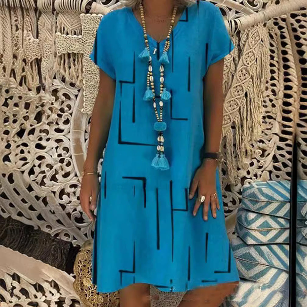 🔥Hit Sprzedaży 【Rabat 50%】👗【S–5XL】Nowa sukienka z bawełny i lnu z dekoltem w serek i nadrukiem