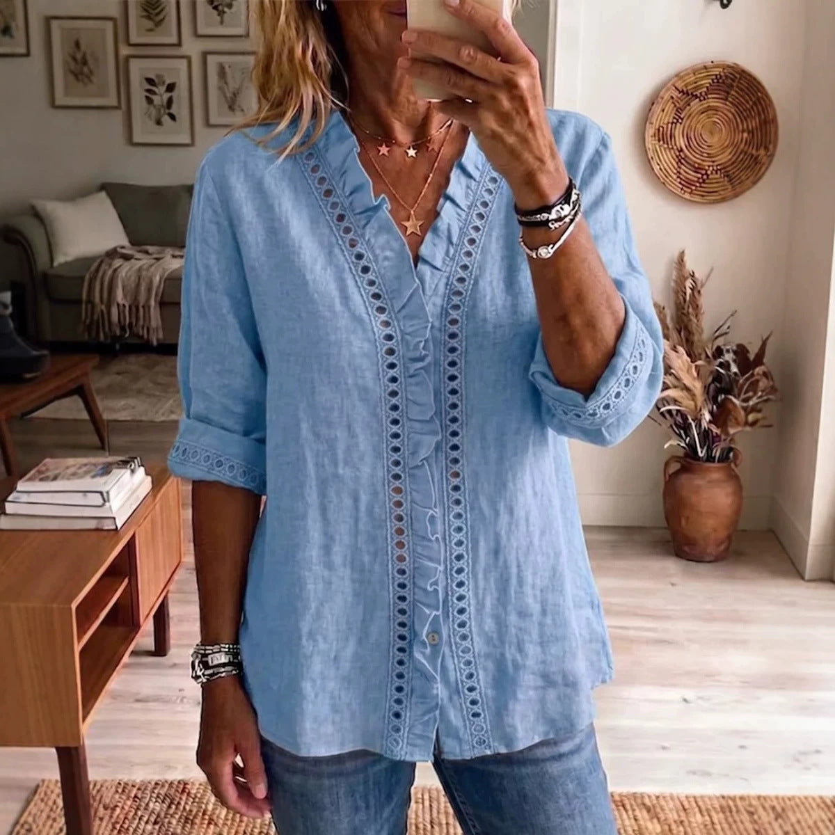 [S-2XL] Blusa de mujer con volantes - Estilo casual, corte holgado y manga larga