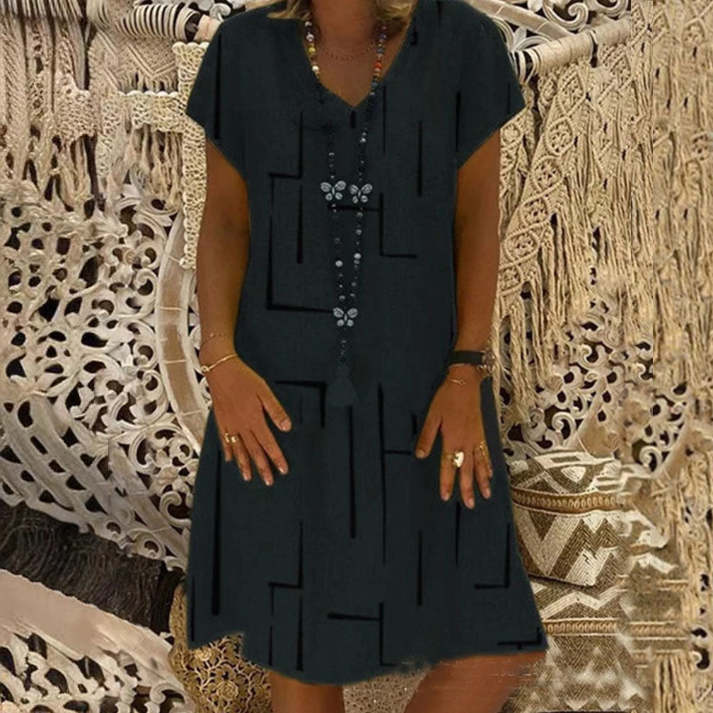 🔥Hit Sprzedaży 【Rabat 50%】👗【S–5XL】Nowa sukienka z bawełny i lnu z dekoltem w serek i nadrukiem