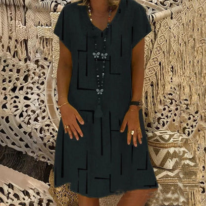 🔥Hit Sprzedaży 【Rabat 50%】👗【S–5XL】Nowa sukienka z bawełny i lnu z dekoltem w serek i nadrukiem
