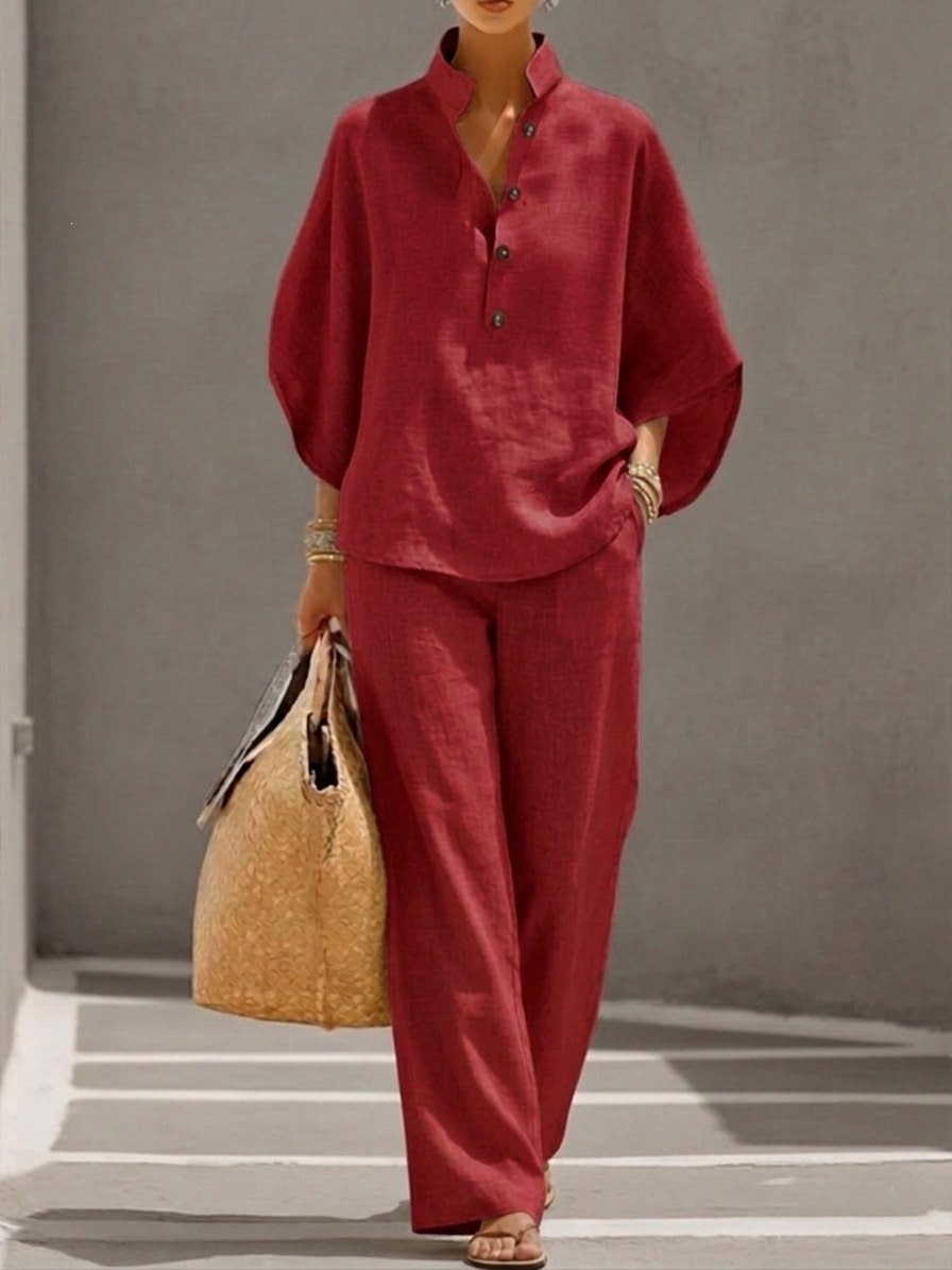 【S-5XL】 Nueva llegada a precio especial: Traje de lino con mangas murciélago y pantalón de pierna ancha