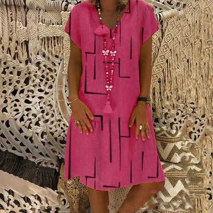 🔥Hit Sprzedaży 【Rabat 50%】👗【S–5XL】Nowa sukienka z bawełny i lnu z dekoltem w serek i nadrukiem
