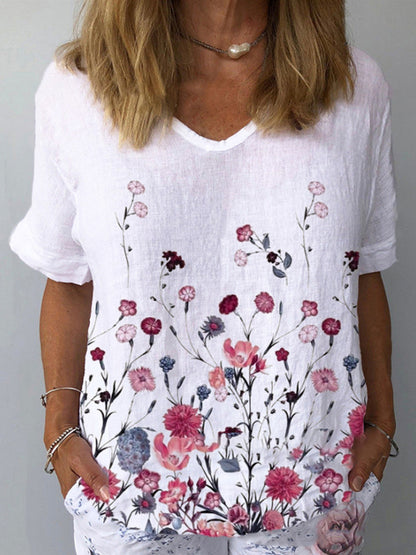 【S-5XL】🌈 Bavlnené a ľanové tričko s krátkym rukávom s kvetinovou potlačou💐  3706947