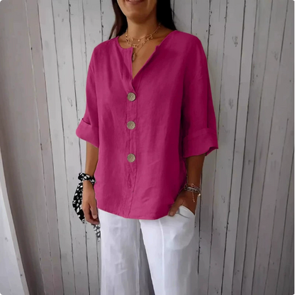[S-5XL] Blusa de algodón y lino para mujer - Camisa abotonada con cuello en V, corte holgado