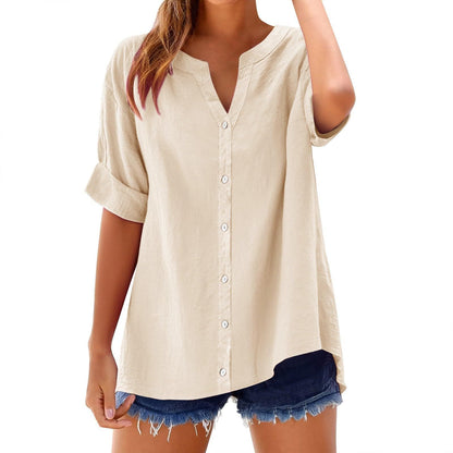 【S-2XL】Camisa de lino nueva 2026 - Camisa abotonada con cuello en V, corte holgado informal