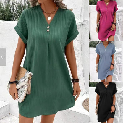 [50% de descuento] Nuevo vestido casual con cuello en V y botones, el más vendido - Color liso, sencillo y elegante