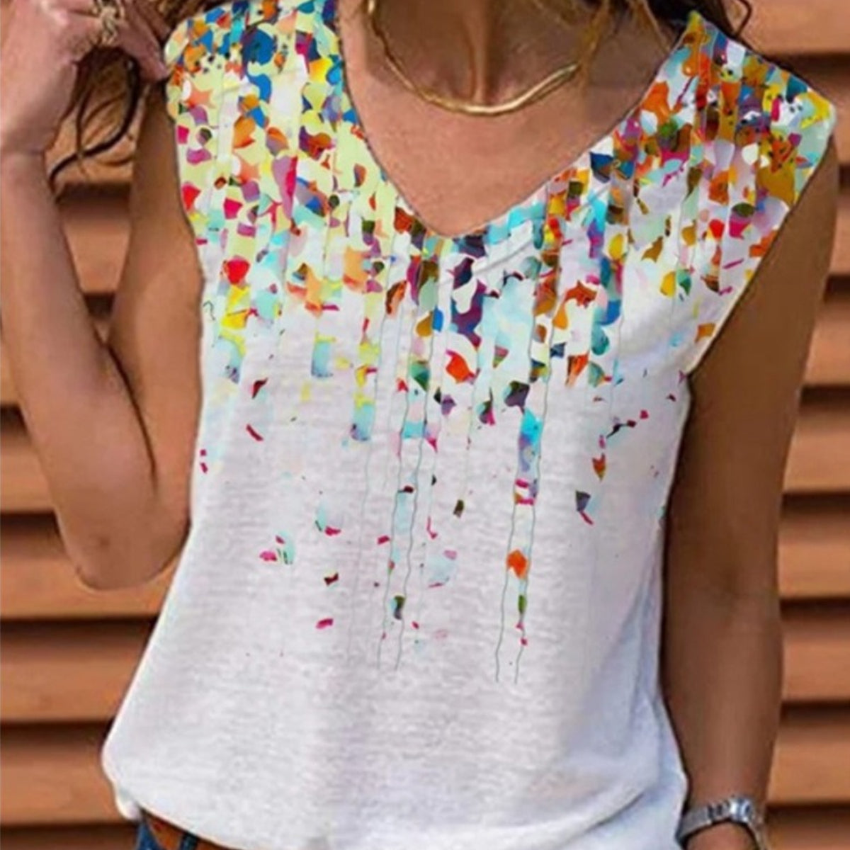 [S-5XL] Camiseta estampada de algodón puro para mujer - Chaleco de cuello en V a la moda