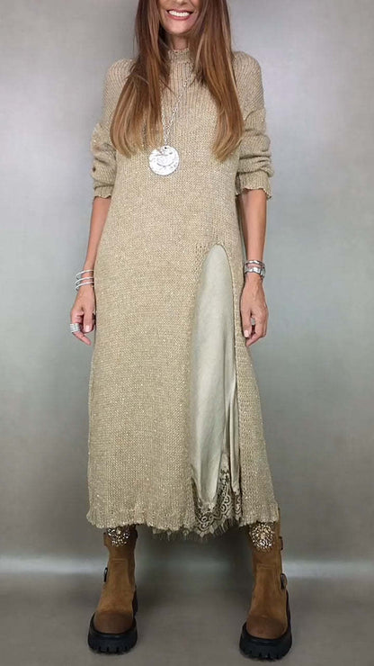 👗【XS–3XL】Nový dvojdielny čipkovaný komplet s rozparkom a pleteným pulóvrom – elegantný jesenný a zimný outfit