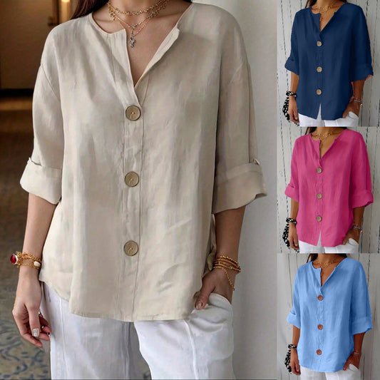 [S-5XL] Blusa de algodón y lino para mujer - Camisa abotonada con cuello en V, corte holgado