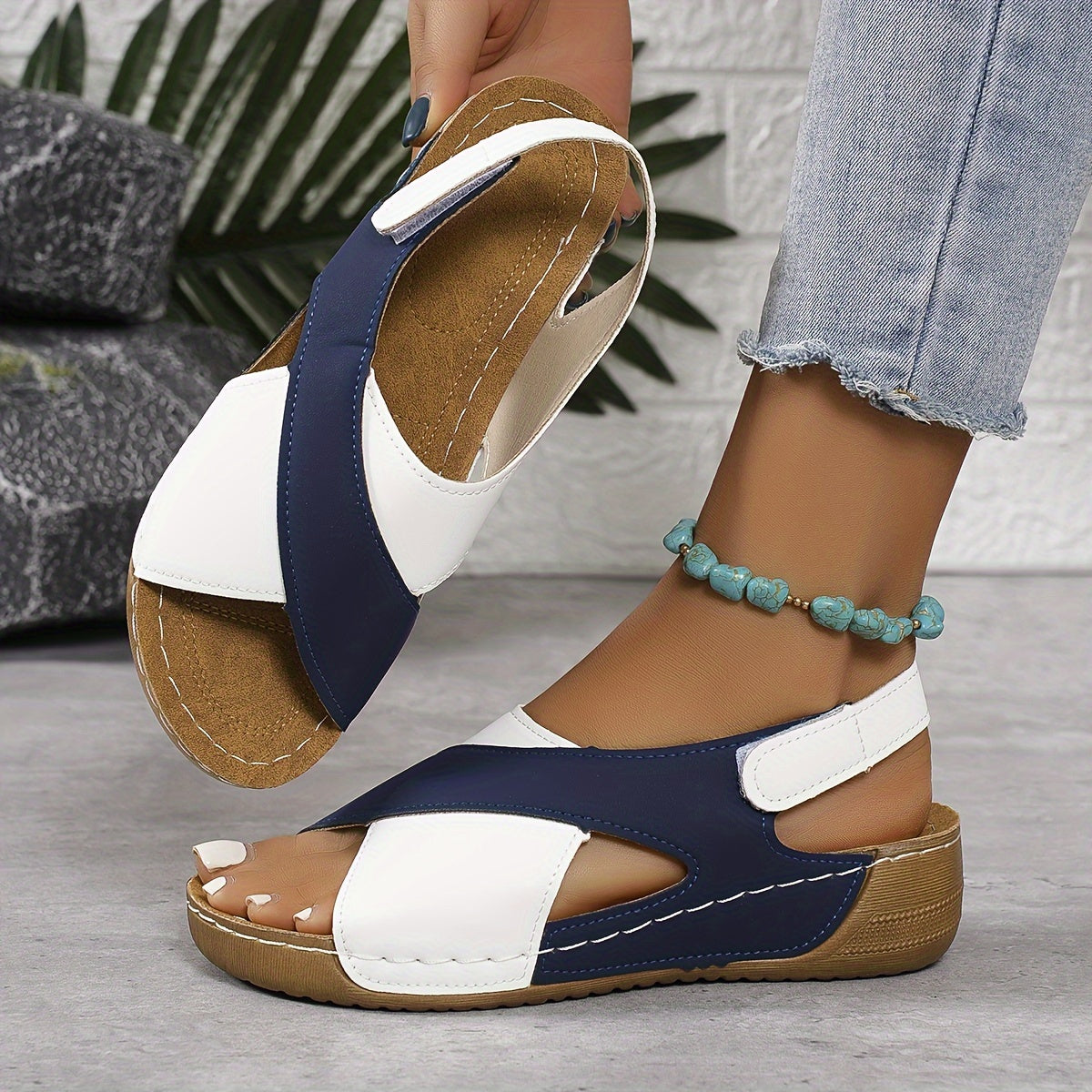 【50% de descuento】【36-43】Sandalias de cuña en contraste de verano para mujer, cómodas sandalias con tiras en el tobillo, tejidas a mano, suaves y cómodas_E