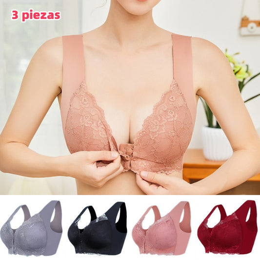 ✨【Kúpte 1 a získajte 2 zadarmo】【3 kusov】Veľká sexy podprsenka s predným zapínaním bez oceľového krúžku, krásna spodná bielizeň na chrbte