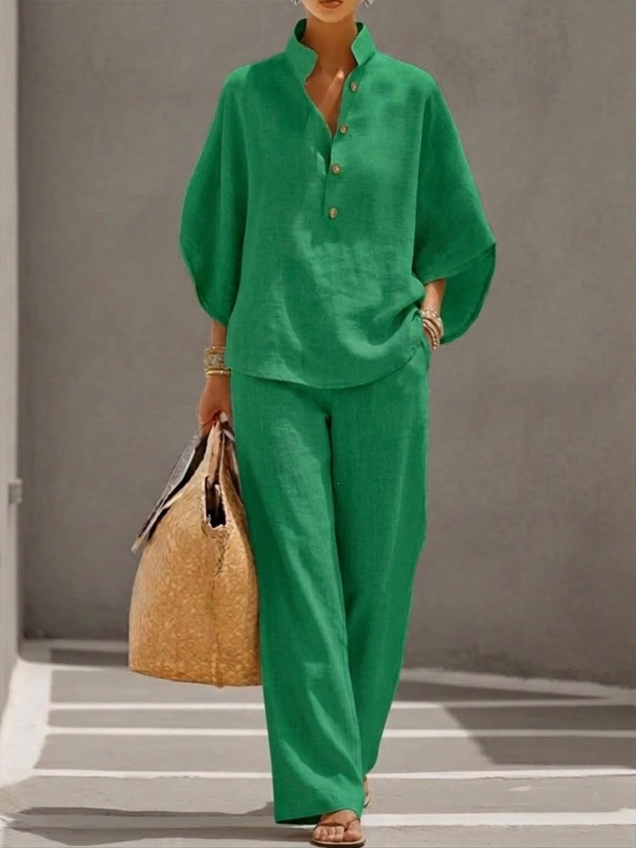 【S-5XL】 Nueva llegada a precio especial: Traje de lino con mangas murciélago y pantalón de pierna ancha