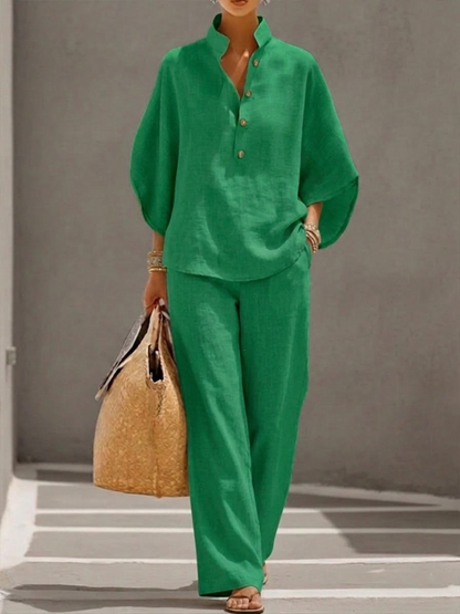 【S-5XL】 Nueva llegada a precio especial: Traje de lino con mangas murciélago y pantalón de pierna ancha