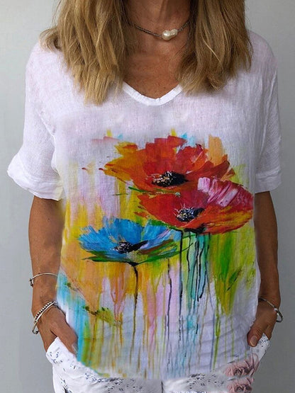【S-5XL】🌈 Bavlnené a ľanové tričko s krátkym rukávom s kvetinovou potlačou💐