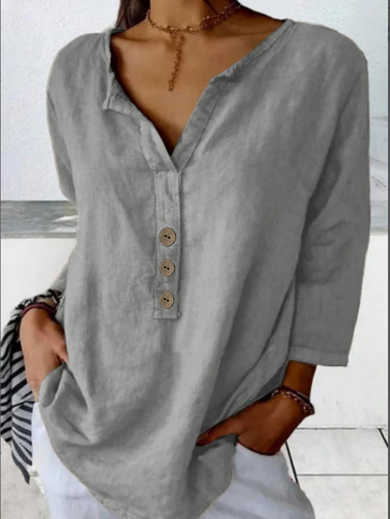 [S-3XL] Nueva camisa casual de cuello en V de color liso con botones para mujer