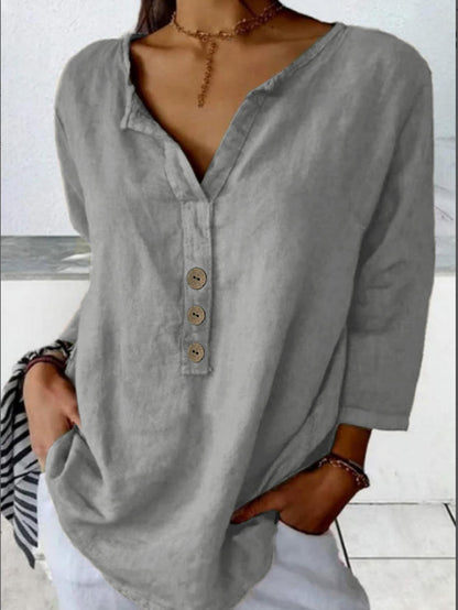 [S-3XL] Nueva camisa casual de cuello en V de color liso con botones para mujer