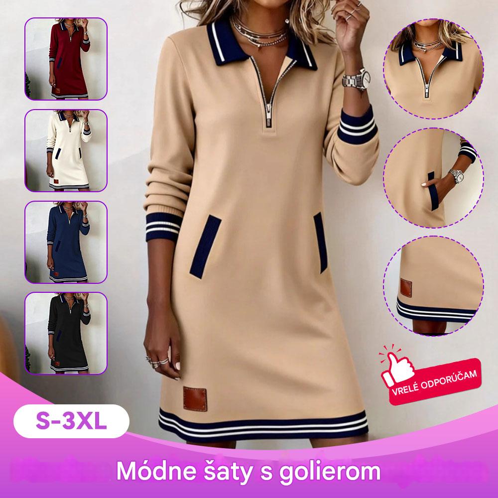 【S-3XL】Zimné ležérne šaty na zips, s golierom, dlhými rukávmi, s vreckami, s farebne blokovaným dizajnom.