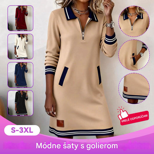 【S-3XL】Zimné ležérne šaty na zips, s golierom, dlhými rukávmi, s vreckami, s farebne blokovaným dizajnom.