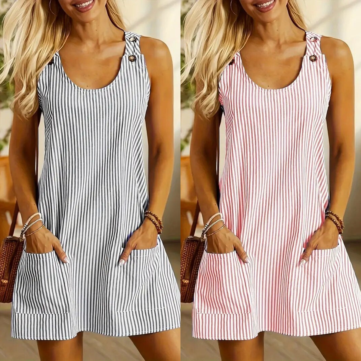 ✨【S-3XL】🎉Nuevo vestido casual con tirantes 2026, diseño de botones y bolsillo a rayas.
