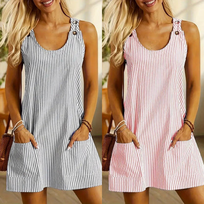 ✨【S-3XL】🎉Nuevo vestido casual con tirantes 2026, diseño de botones y bolsillo a rayas.