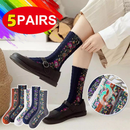 💐【5 párov】🧦Nové skrútené retro kvetinové bavlnené dlhé ponožky na jeseň a zimu