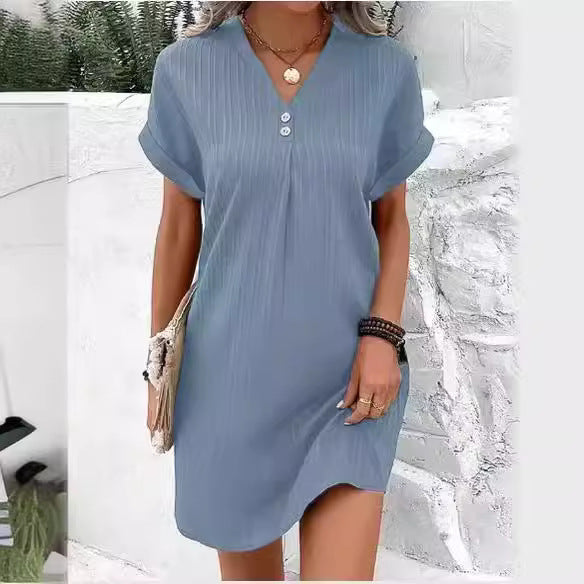 [50% de descuento] Nuevo vestido casual con cuello en V y botones, el más vendido - Color liso, sencillo y elegante