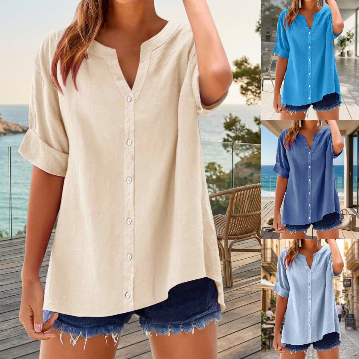 【S-2XL】Camisa de lino nueva 2026 - Camisa abotonada con cuello en V, corte holgado informal