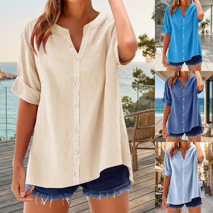 【S-2XL】Camisa de lino nueva 2026 - Camisa abotonada con cuello en V, corte holgado informal