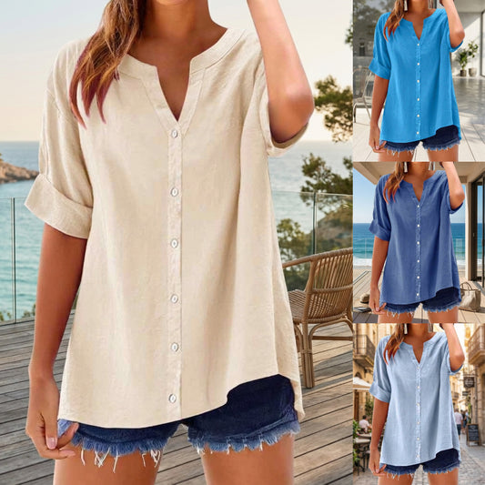【S-2XL】Camisa de lino nueva 2026 - Camisa abotonada con cuello en V, corte holgado informal